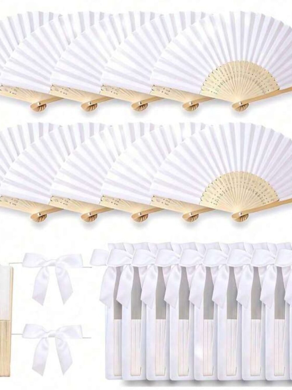 White Bamboo Hand Fans with Satin Ribbon - Set of Decorative Fans